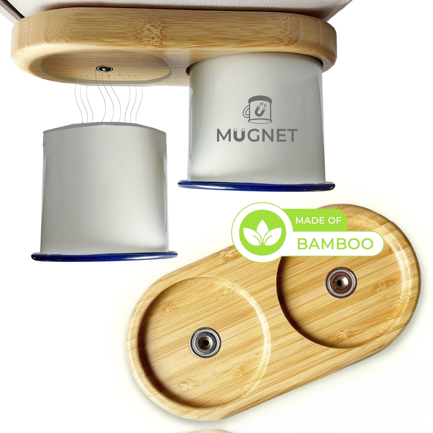 Magnetischer Doppel-Tassenhalter aus Bambus für Emaille-Tassen – ideal für Camping, Wohnmobile und Boote