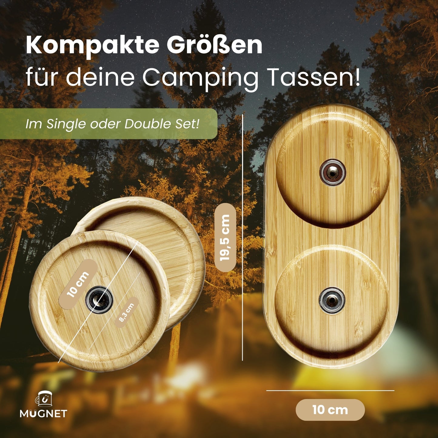 Magnetischer Tassenhalter aus Bambus für Email-Tassen – Einzel- und Doppelhalter im Größenvergleich mit Maßangaben, ideal für Camping und unterwegs