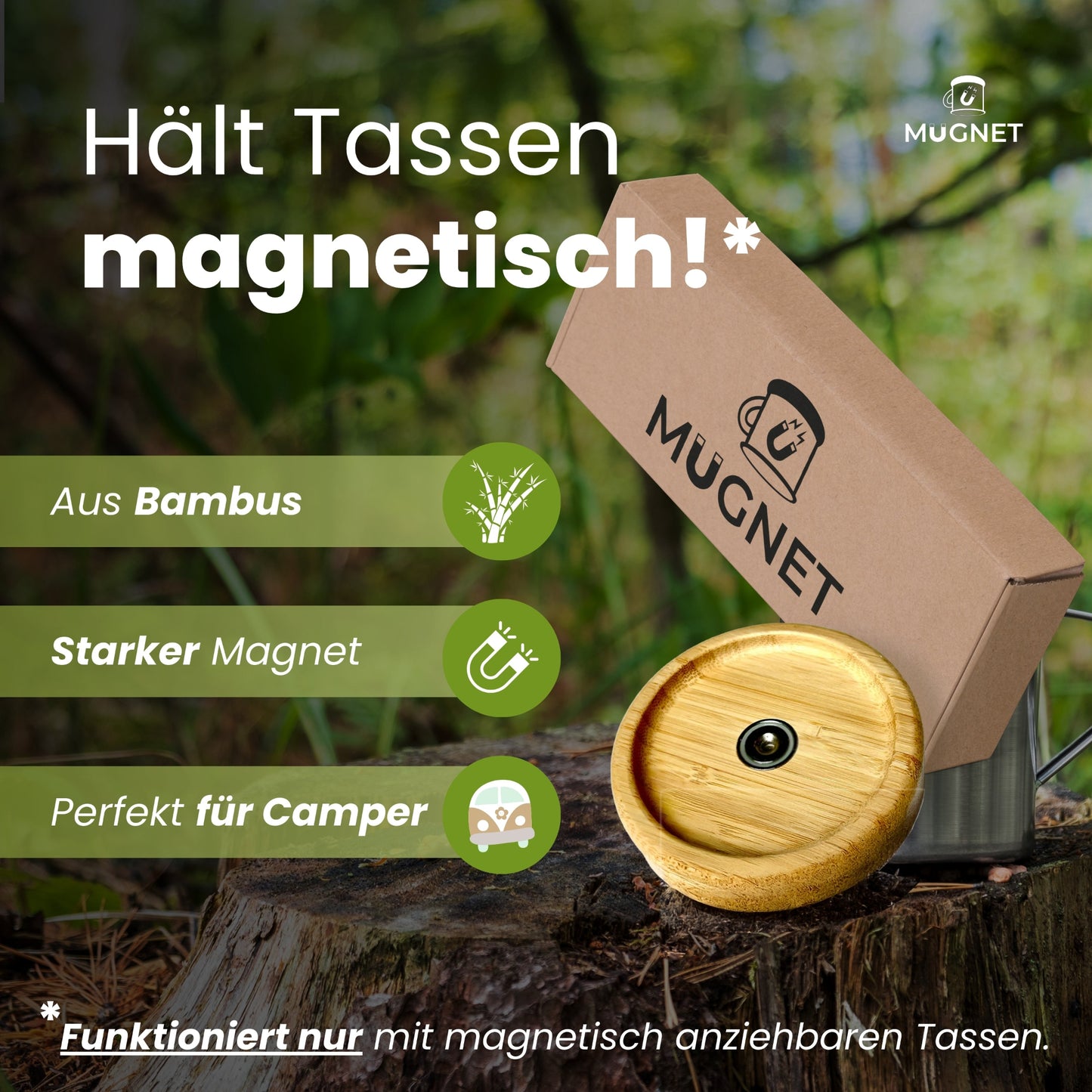 Magnetischer Tassenhalter aus Bambus für Email-Tassen – Einzelhalter mit starker Haltekraft, ideal für Camper, funktioniert nur mit magnetischen Tassen