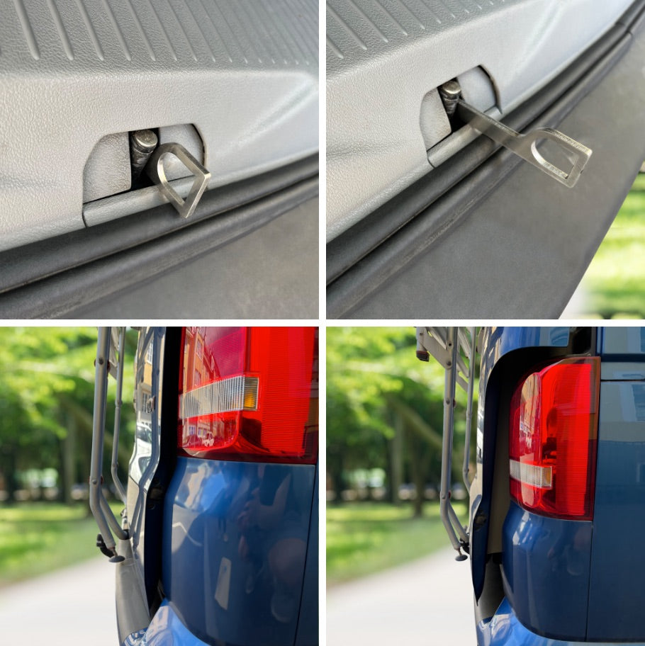 Zwei Heckklappenaufsteller, 10cm und 15cm, nebeneinander an der Heckklappe eines VW T5/T6 montiert, veranschaulichen unterschiedliche Belüftungshöhen.