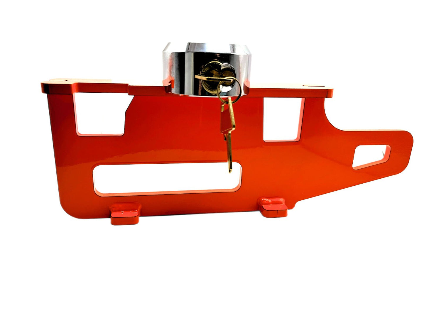 Pedalsperre aus pulverbeschichtetem Stahl in Enraal 2005 Leuchtorange für Fiat Ducato (Baureihe 250, Bj. 2006–2014) mit Hockey-Puck-Schloss – freigestellt auf weißem Hintergrund, zusammengebaut dargestellt