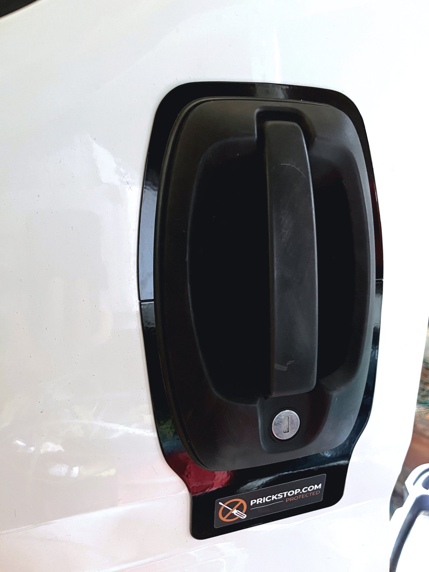 Eingebautes Prickstop-Schutzblech mit Warnaufkleber an der Fahrertür eines Fiat Ducato – außenliegender Einbruchschutz aus schwarzem Edelstahl